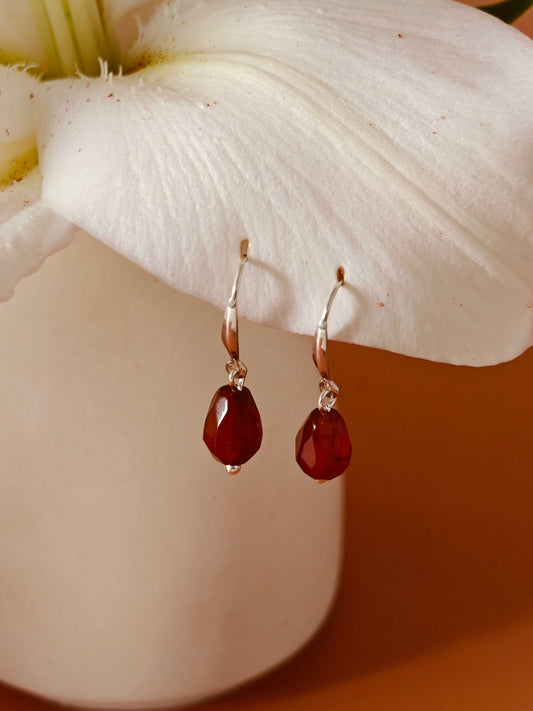 Vachana - Red Agate Faceted Pomegranate Seed Sterling Silver Hooks Earrings