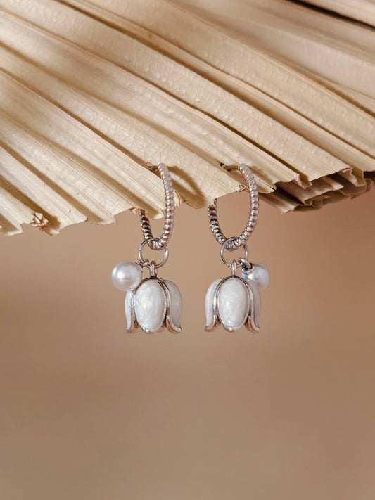 Vachana - White Enamel Lily & Pearl Huggie Hoop Earrings