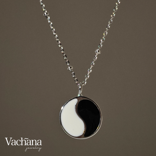 Sterling Silver White & Black Enamel Yin Yang Pendant Necklace