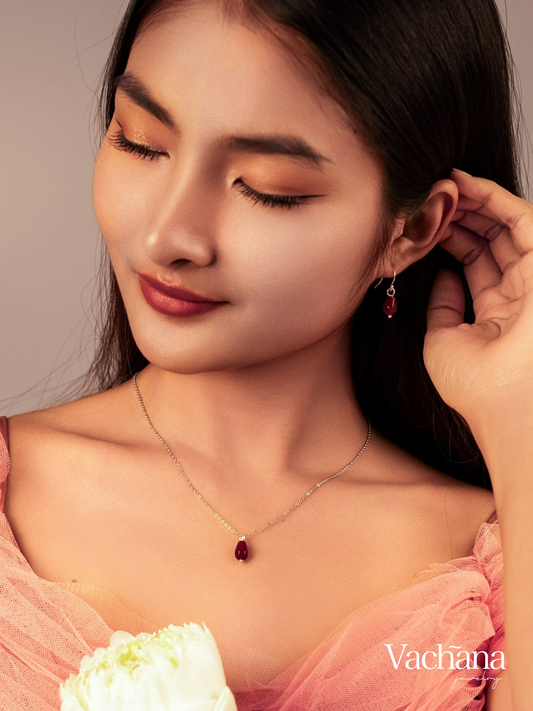 Vachana - Set of Red Agate Faceted Pomegranate Seed Sterling Silver Necklace and Earrings