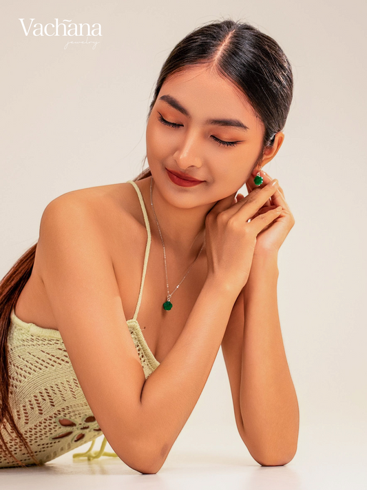Vachana - Green Jade Myanmar Flower Sterling Silver Necklace & Earrings Set