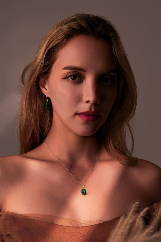 Vachana - Elegant Green Jade Lily Sterling Silver Necklace and Earrings Set