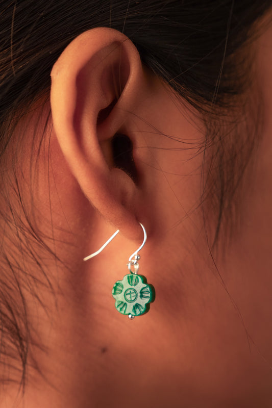 Vachana - Green Jade Myanmar Flower Sterling Silver 925 Dangle Earrings