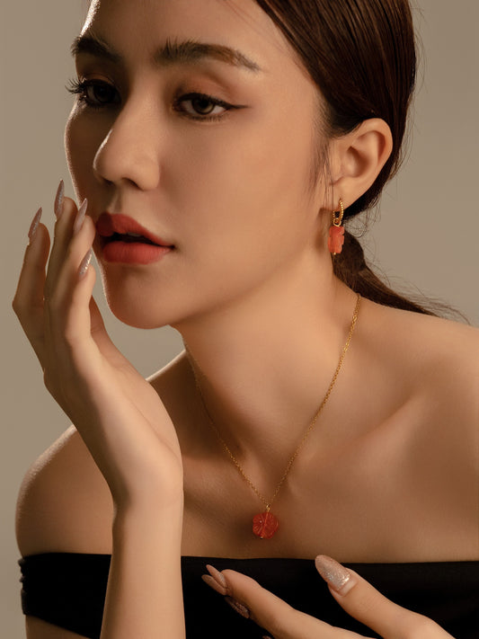 Set of Carved Botan Carnelian Earrings & Necklace