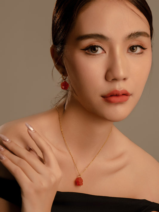 Set of Carved Botan Carnelian Earrings & Necklace