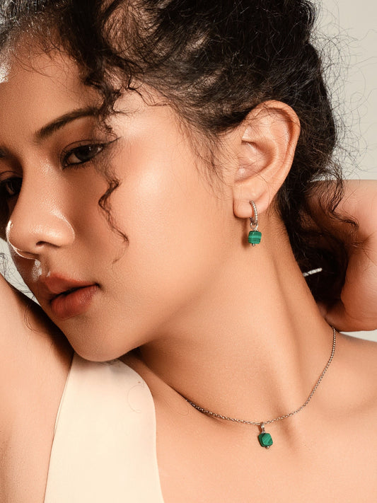 Set of Malachite Square Earrings & Necklace