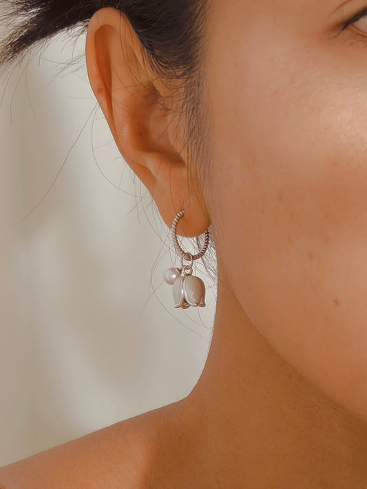 Vachana - White Enamel Lily & Pearl Huggie Hoop Earrings