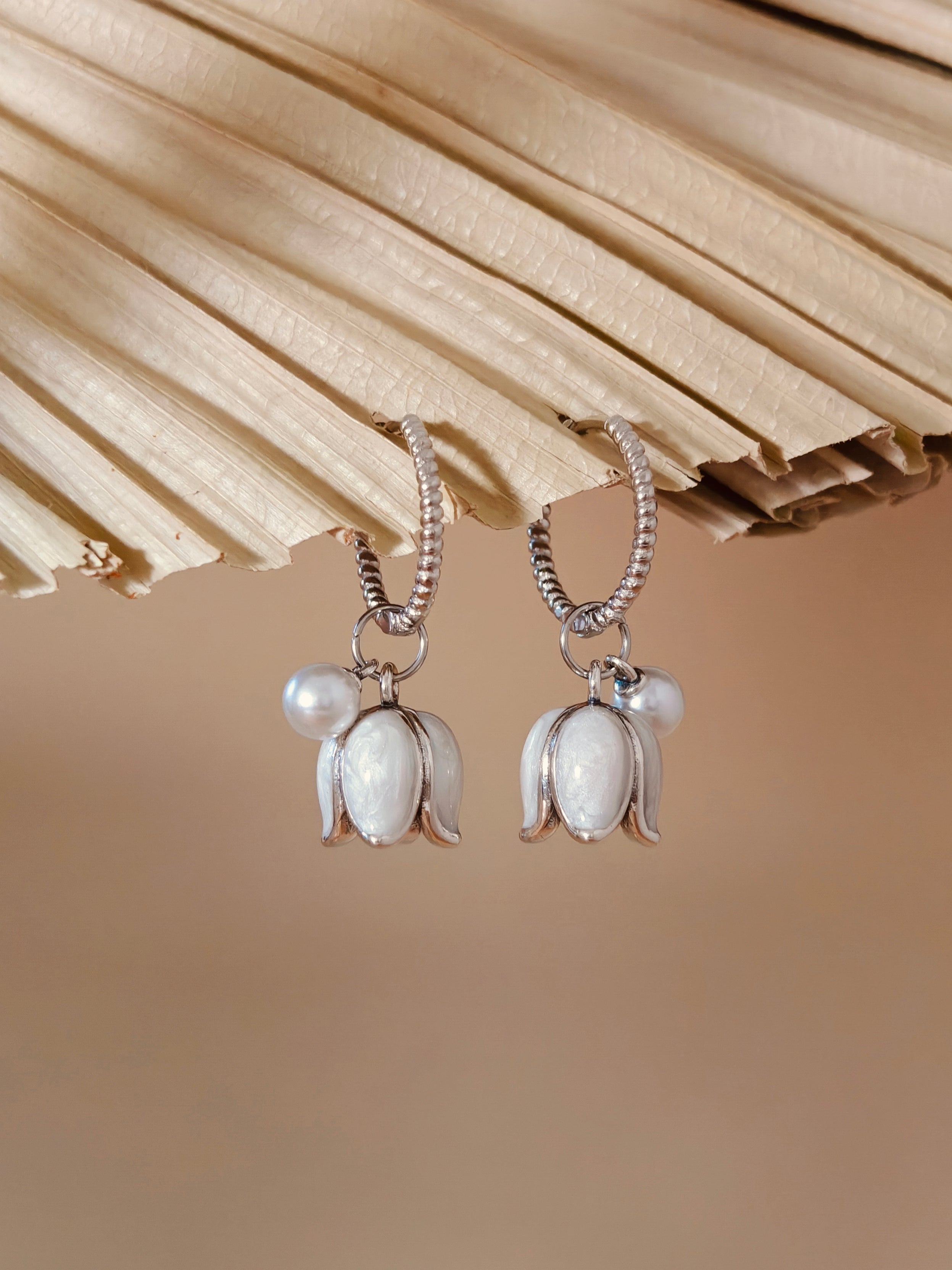 Vachana - White Enamel Lily & Pearl Huggie Hoop Earrings