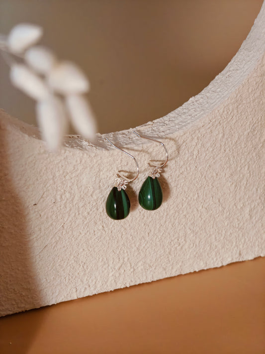 Vachana - Teardrop Natural Malachite Floral Sterling Silver Dangle Earrings