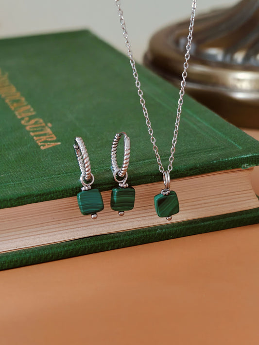 Set of Malachite Square Earrings & Necklace