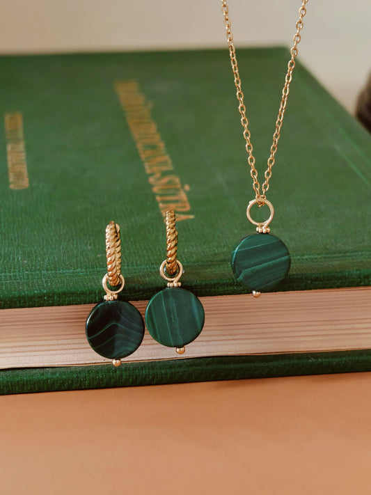 Set of Malachite Mantra Earrings & Necklace