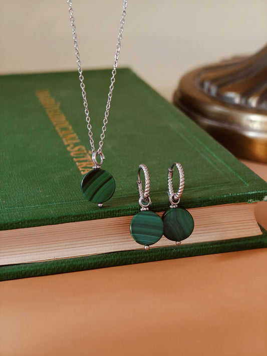 Set of Malachite Mantra Earrings & Necklace
