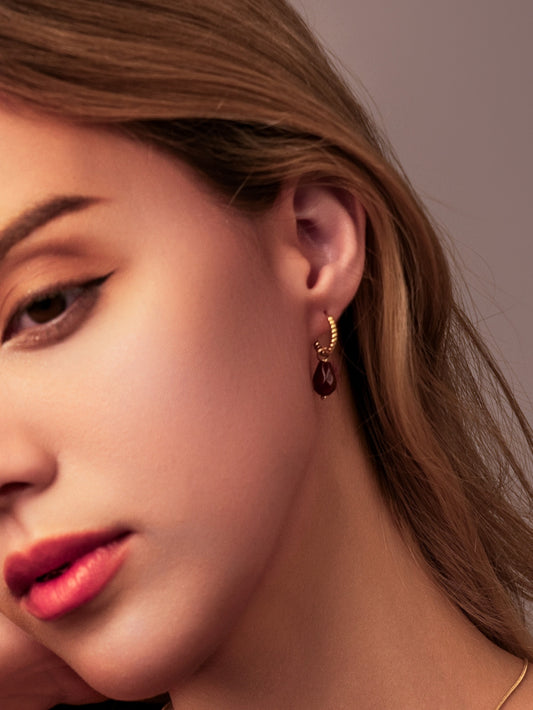 Red Agate Pomegranate Seed Twisted Huggie Hoop Earrings