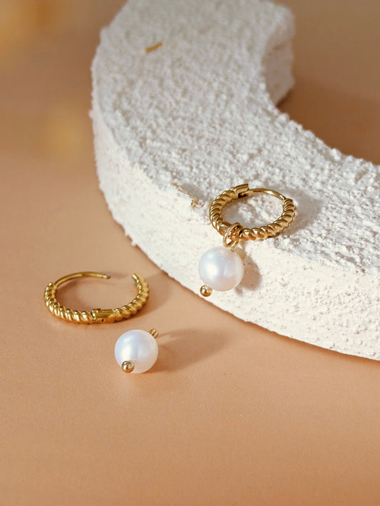 Bridal Pearl Twisted Huggie Hoop Earrings