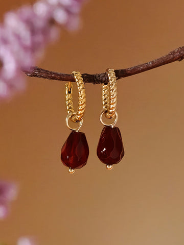 Red Agate Pomegranate Seed Twisted Huggie Hoop Earrings