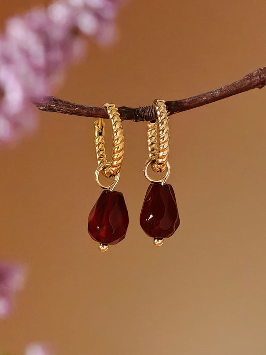 Red Agate Pomegranate Seed Twisted Huggie Hoop Earrings