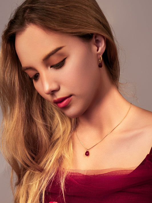 Set of Red Agate Faceted Pomegranate Seed Earrings & Necklace