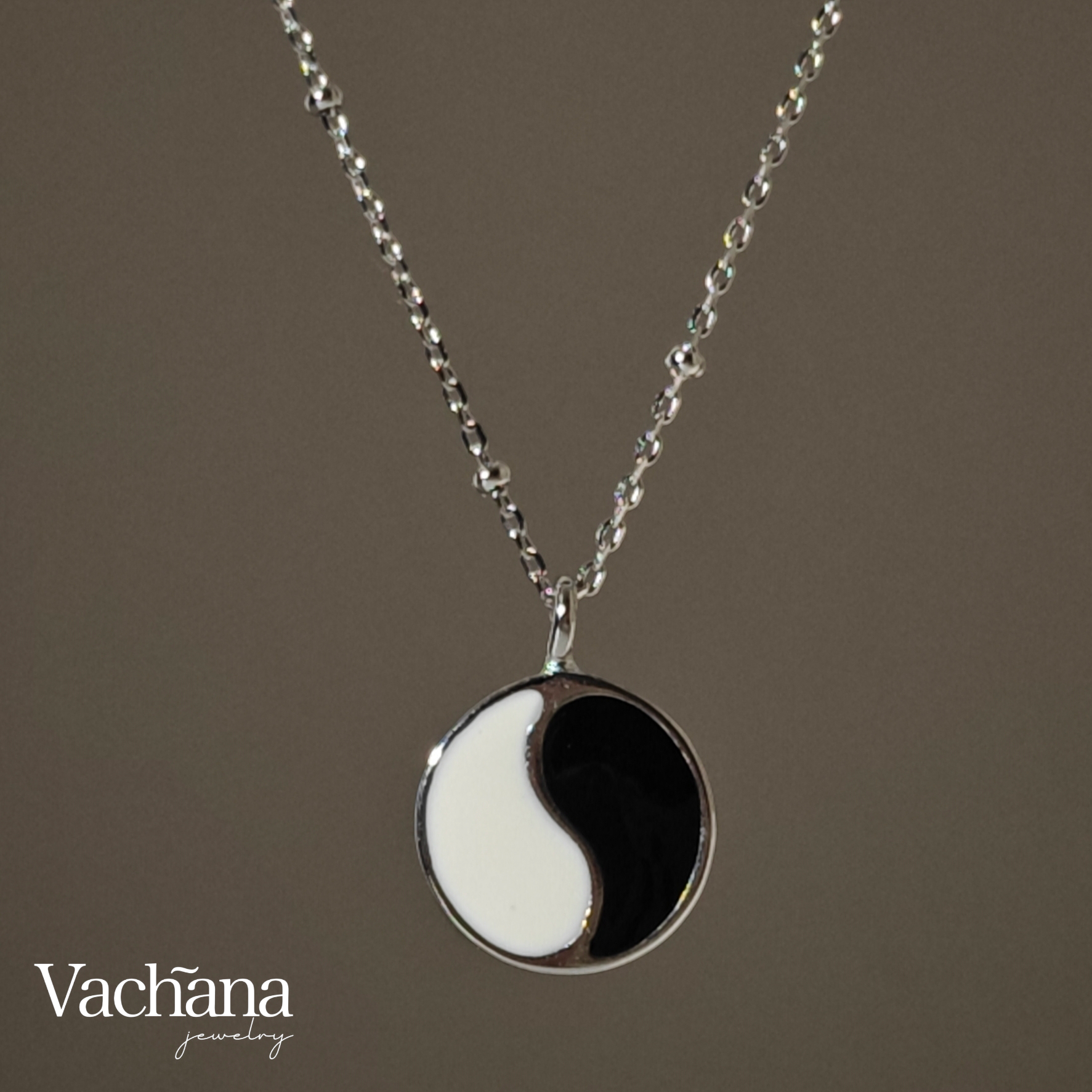 Sterling Silver White & Black Enamel Yin Yang Pendant Necklace