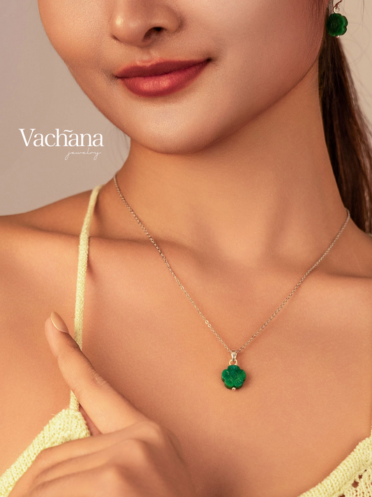Vachana - Green Jade Myanmar Flower Sterling Silver 925 Pendant Necklace