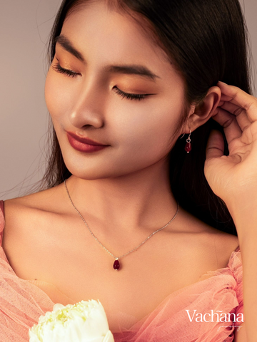Vachana - Set of Red Agate Faceted Pomegranate Seed Sterling Silver Necklace and Earrings