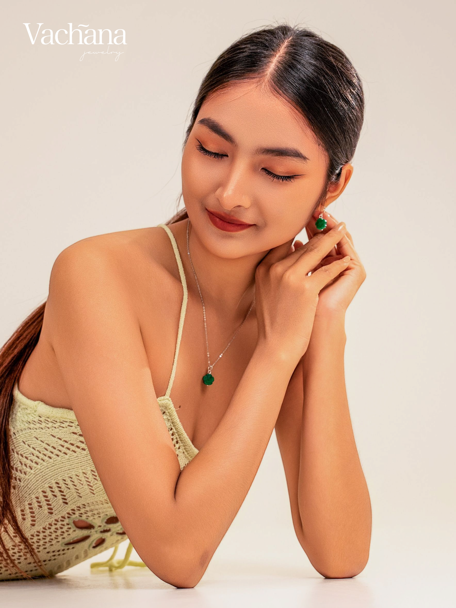 Vachana - Green Jade Myanmar Flower Sterling Silver Necklace & Earrings Set