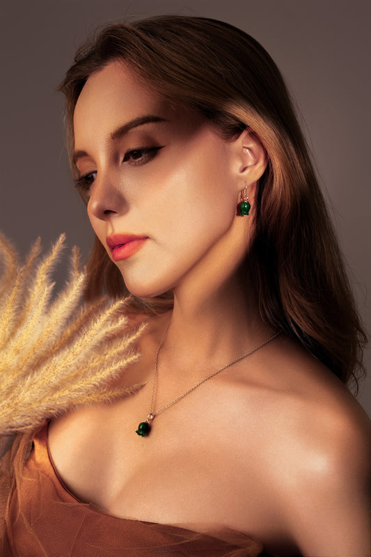 Vachana - Elegant Green Jade Lily Sterling Silver Necklace and Earrings Set