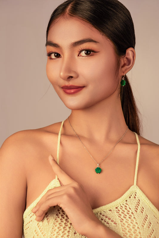 Vachana - Green Jade Myanmar Flower Sterling Silver Necklace & Earrings Set