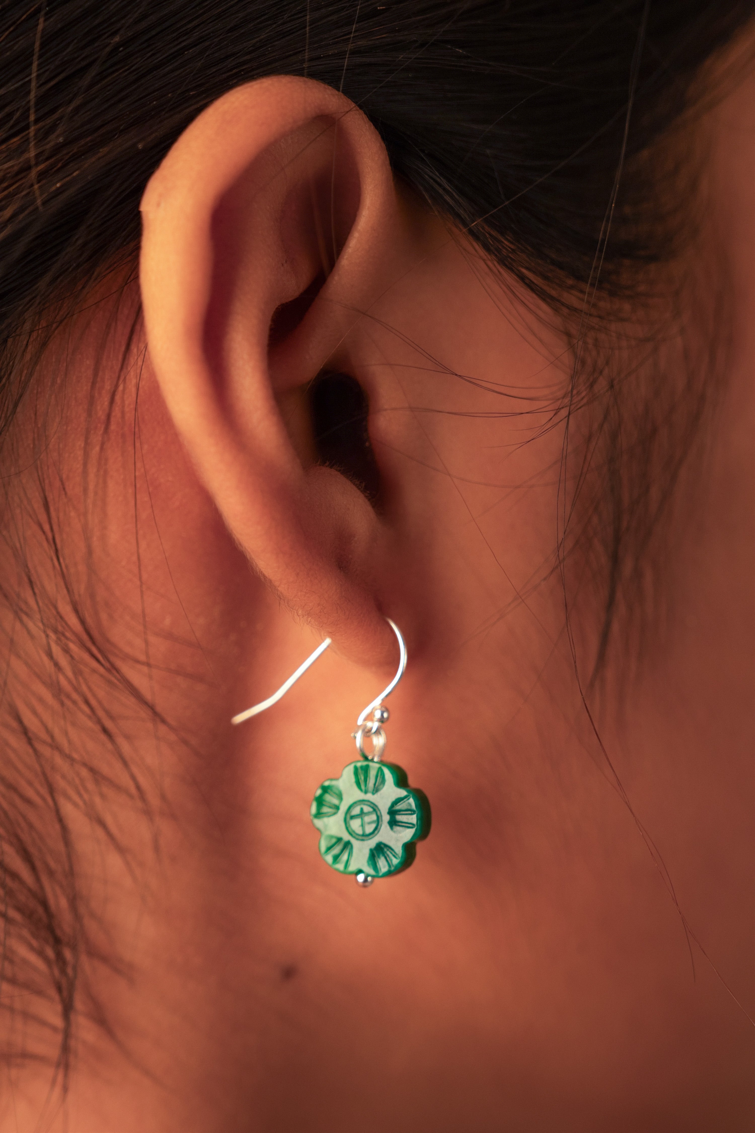 Vachana - Green Jade Myanmar Flower Sterling Silver 925 Dangle Earrings