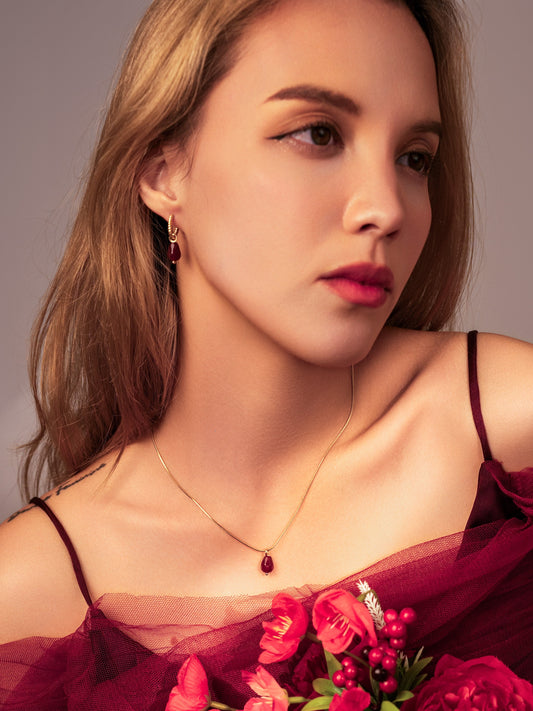 Set of Red Agate Faceted Pomegranate Seed Earrings & Necklace