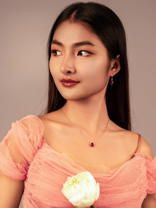 Set of Red Agate Pomegranate Seed Earrings & Necklace (Sterling Silver)