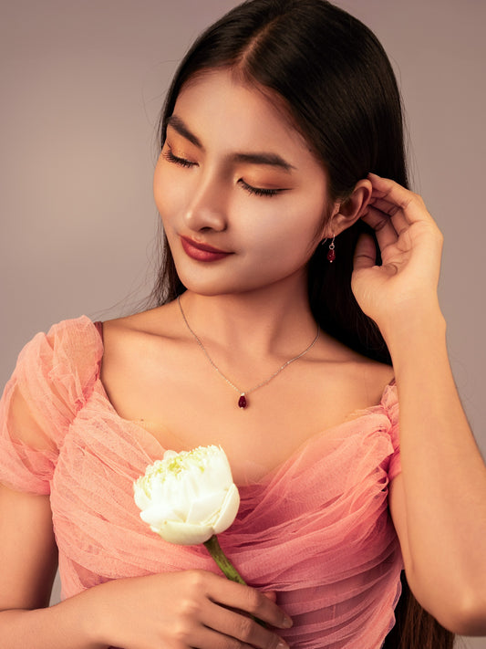 Set of Red Agate Pomegranate Seed Earrings & Necklace (Sterling Silver)