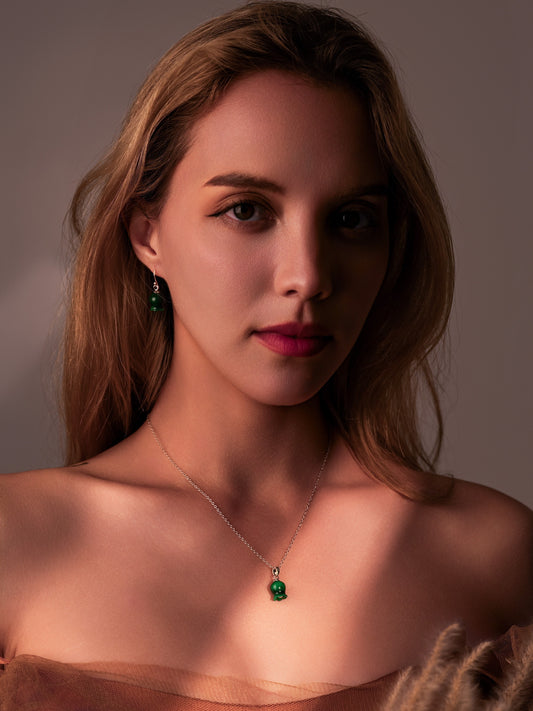 Set of Elegant Green Jade Lily Earrings & Necklace