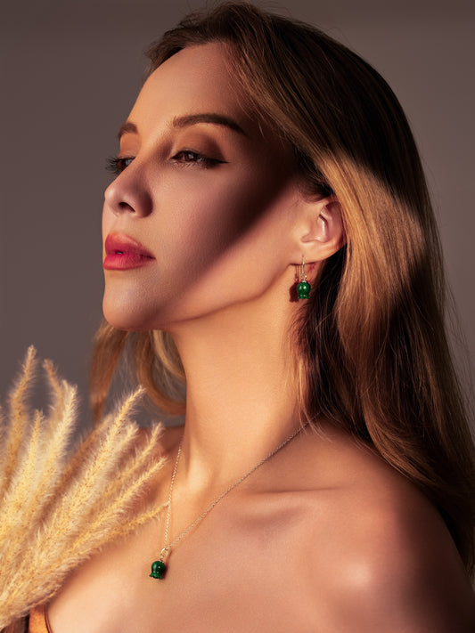 Set of Elegant Green Jade Lily Earrings & Necklace