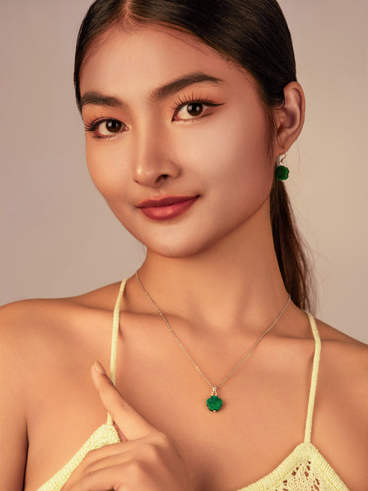 Set of Green Botan Jade Flower Earrings & Necklace