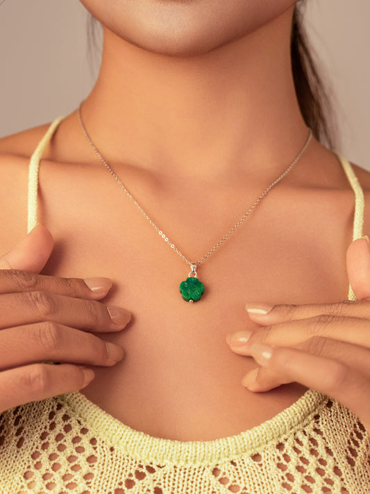 Green Botan Jade Flower Necklace (Sterling Silver)