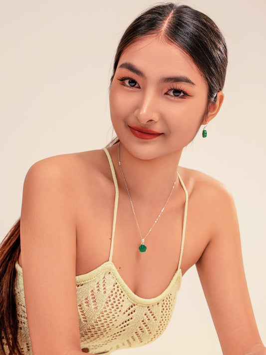 Set of Green Botan Jade Flower Earrings & Necklace